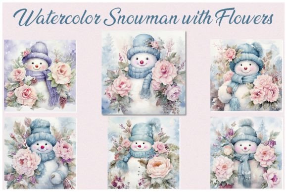 6 Watercolor Snowman with Flowers - II Illustrations
