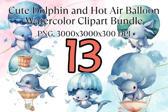 Baby Dolphin Hot Air Balloon Watercolor Illustrations