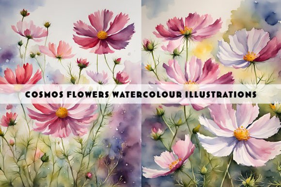 Cosmos Flowers Watercolour Duo for Illustrations