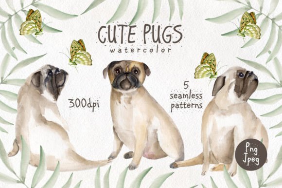 Cute Pugs Watercolor Illustrations for Digital Products