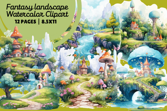 Fantasy Landscape Watercolor Clipart Illustrations