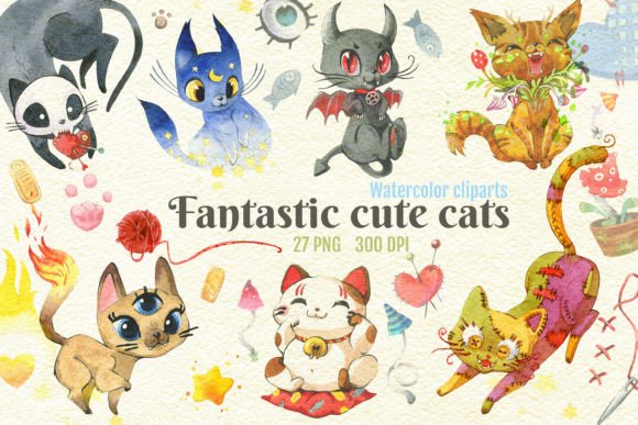 Halloween Clipart: Watercolor Cat PNG Illustrations
