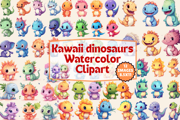 Kawaii Dinosaurs Watercolor Clipart for Embroidery