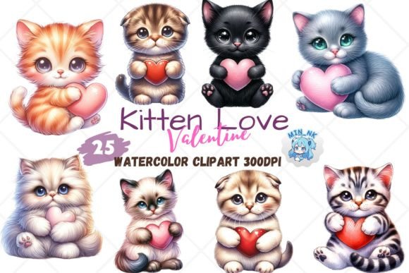 Kitten Love Valentine Watercolor Clipart Illustrations