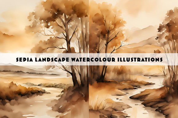 Sepia Landscape Watercolour Duo: Illustrations for Sellers