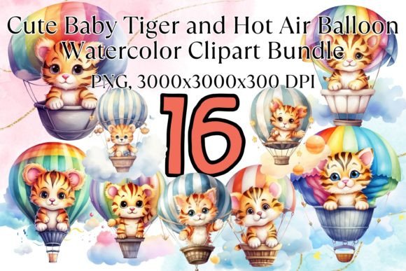 Tiger Balloon Watercolor Clipart Bundle Illustrations