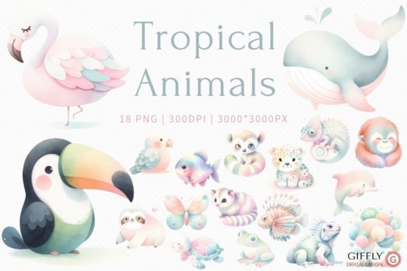 Tropical Animals Watercolor Clipart: Editorial Illustrations