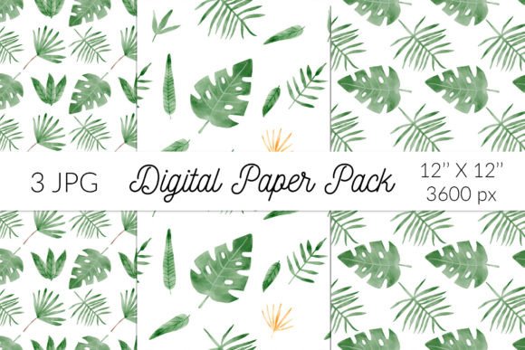 Tropical Leaves Digital Paper Watercolor Illustrations