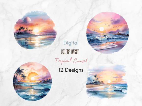 Tropical Watercolor Sunset Clip Art for Illustrations