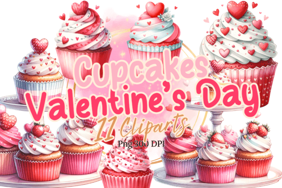 Valentine Cupcakes Watercolor Clipart Illustrations
