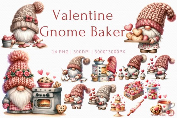Valentine Gnome Baker Illustrations for Crafting