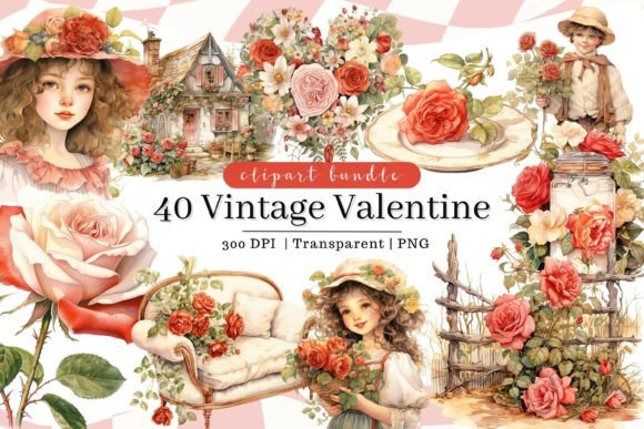 Vintage Valentine Rose Watercolor Illustrations for Branding