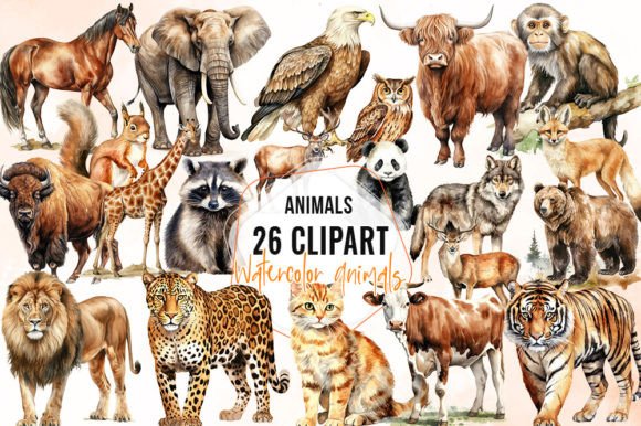 Watercolor Animals Sublimation Clipart Illustrations