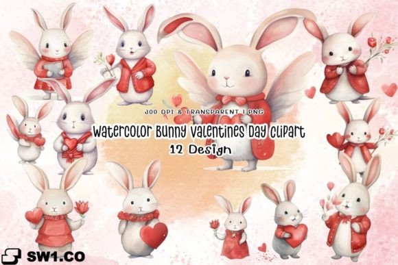 Watercolor Bunny Valentines Day Clipart Illustrations
