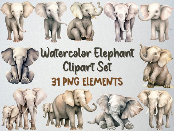 Watercolor Elephant Clipart Set: 31 PNG Illustrations