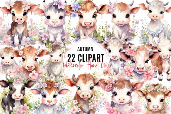 Watercolor Floral Baby Cow Illustrations for Digital Products