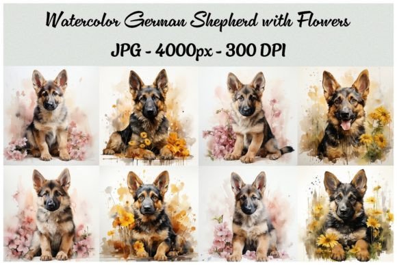 Watercolor German Shepherd with Flowers Illustrations