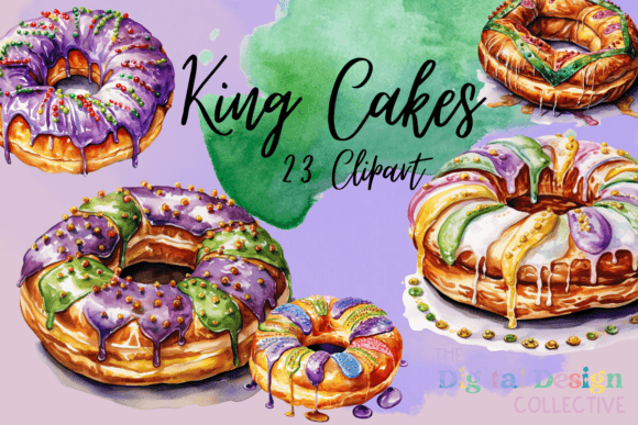 Watercolor Mardi Gras King Cake Illustrations Review