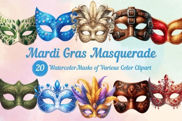 Watercolor Mardi Gras Masquerade Masks Illustrations