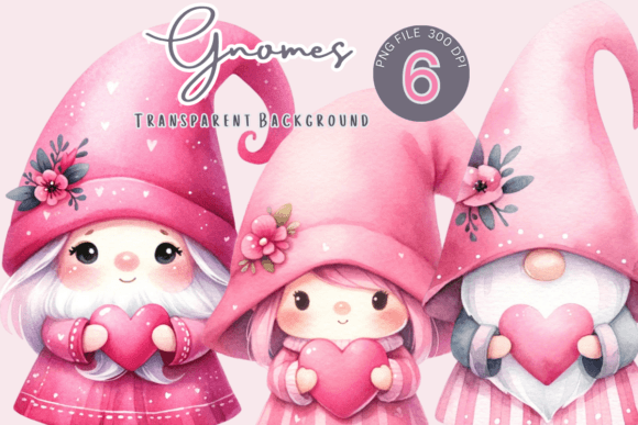 Watercolor Pink Gnomes Clipart: Editorial Illustrations