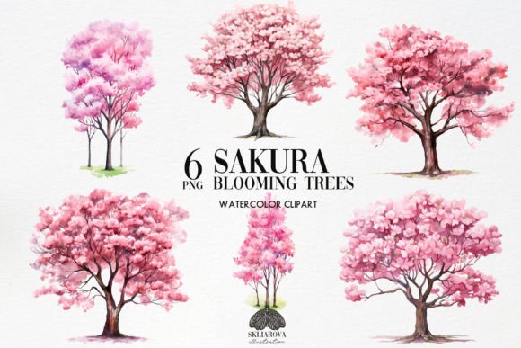Watercolor Sakura Trees Clipart: Illustrations for Branding