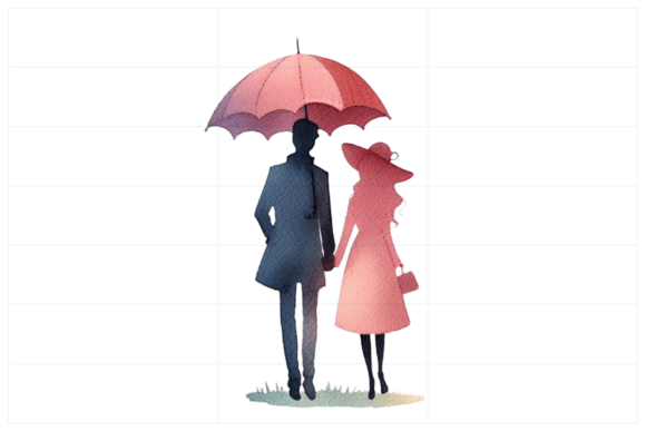 Watercolor Silhouetted Figures Umbrella Illustrations