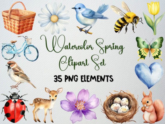 Watercolor Spring Clipart Set, 35 PNG Illustrations