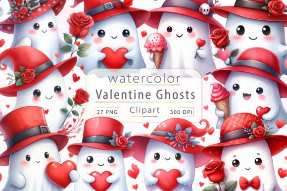 Watercolor Valentine's Ghost Illustrations for Editorial Use