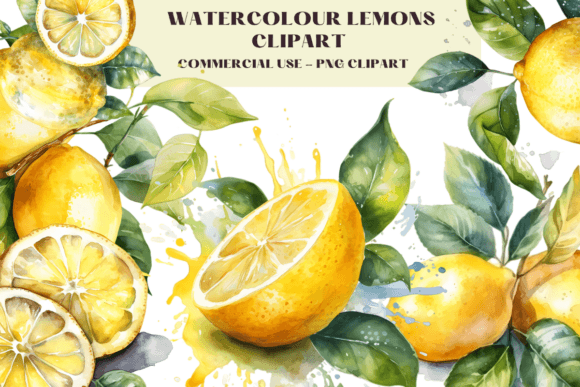 Watercolour Lemons Clipart: Citrus Illustrations for Sales