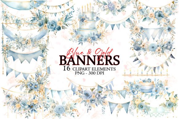 Wedding Banner Blue and Gold Watercolor Illustrations