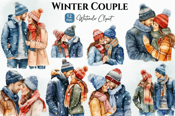 Winter Couple Watercolor Clipart for Brand Illustrations